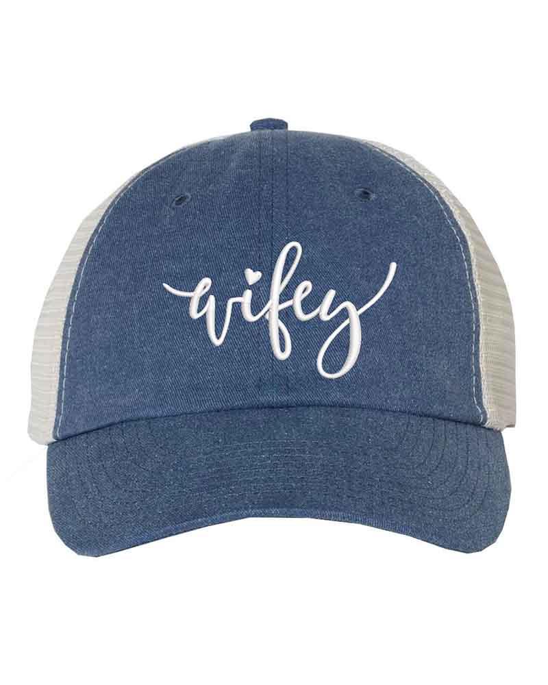 Embroidered Wifey/Hubby Pigment-Dyed Trucker Hat – Anniversary Gift Cap Wifey Royal Stone
