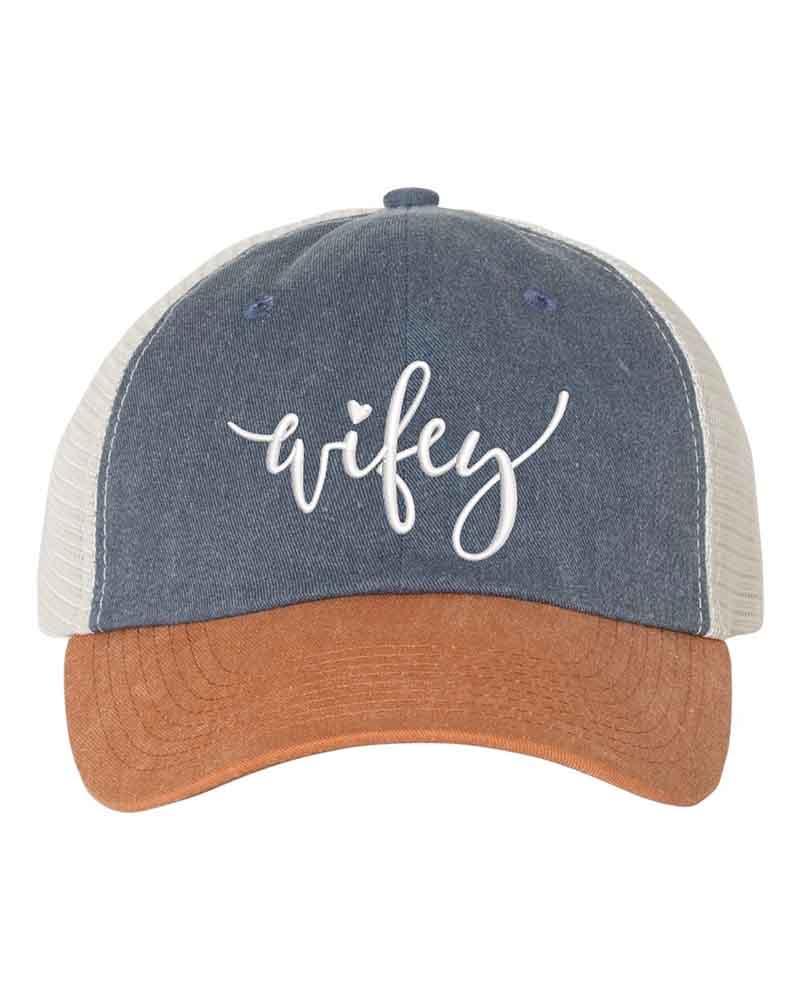 Embroidered Wifey/Hubby Pigment-Dyed Trucker Hat – Anniversary Gift Cap Wifey Navy Texas Stone