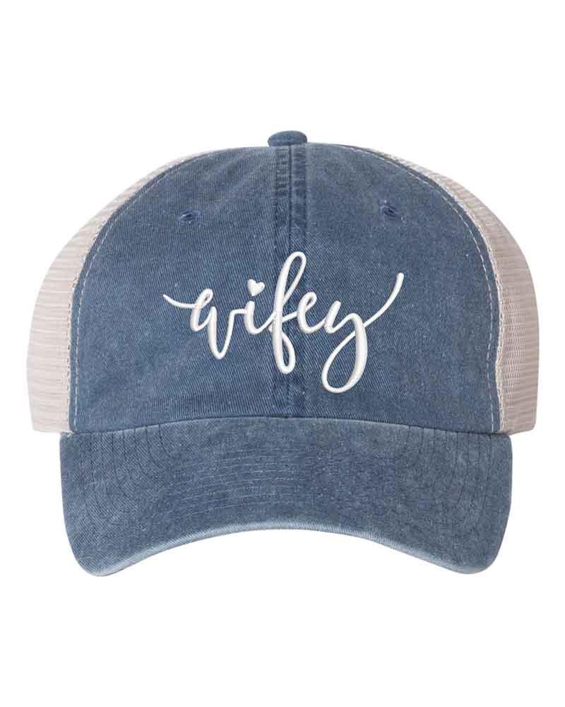 Embroidered Wifey/Hubby Pigment-Dyed Trucker Hat – Anniversary Gift Cap Wifey Navy Stone