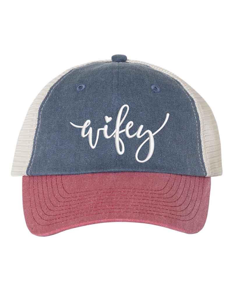 Embroidered Wifey/Hubby Pigment-Dyed Trucker Hat – Anniversary Gift Cap Wifey Navy Cardinal Stone