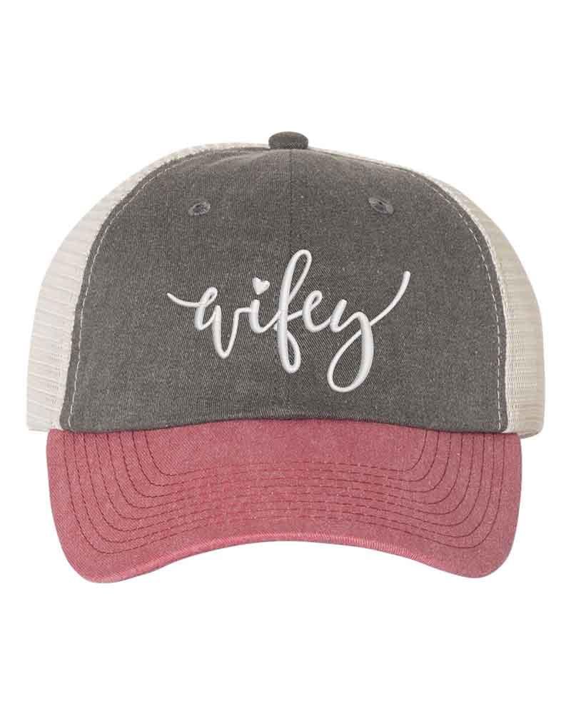 Embroidered Wifey/Hubby Pigment-Dyed Trucker Hat – Anniversary Gift Cap Wifey Black Cardinal Stone