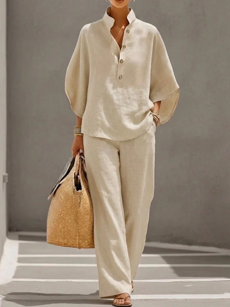Women’s Casual Shirt and Full-Length Pants Set Khaki