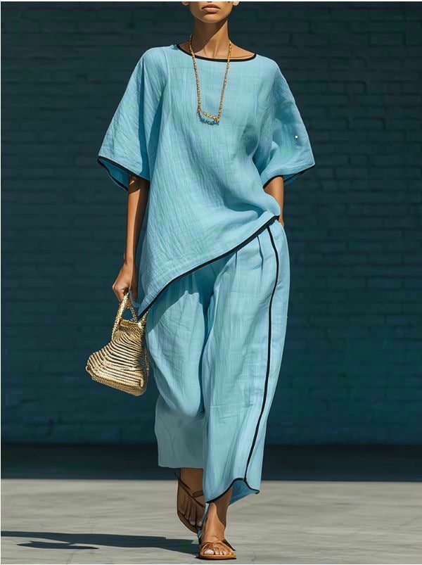 Women's Casual Resort Loose Short-Sleeve Top & Pants Set Sky Blue