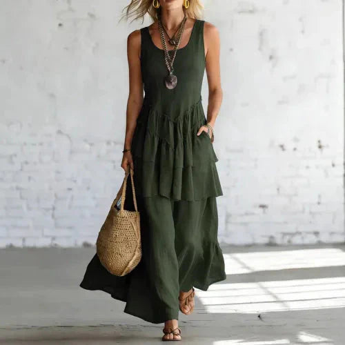Women's Cotton Linen Sleeveless Loose Maxi Dress Army Green