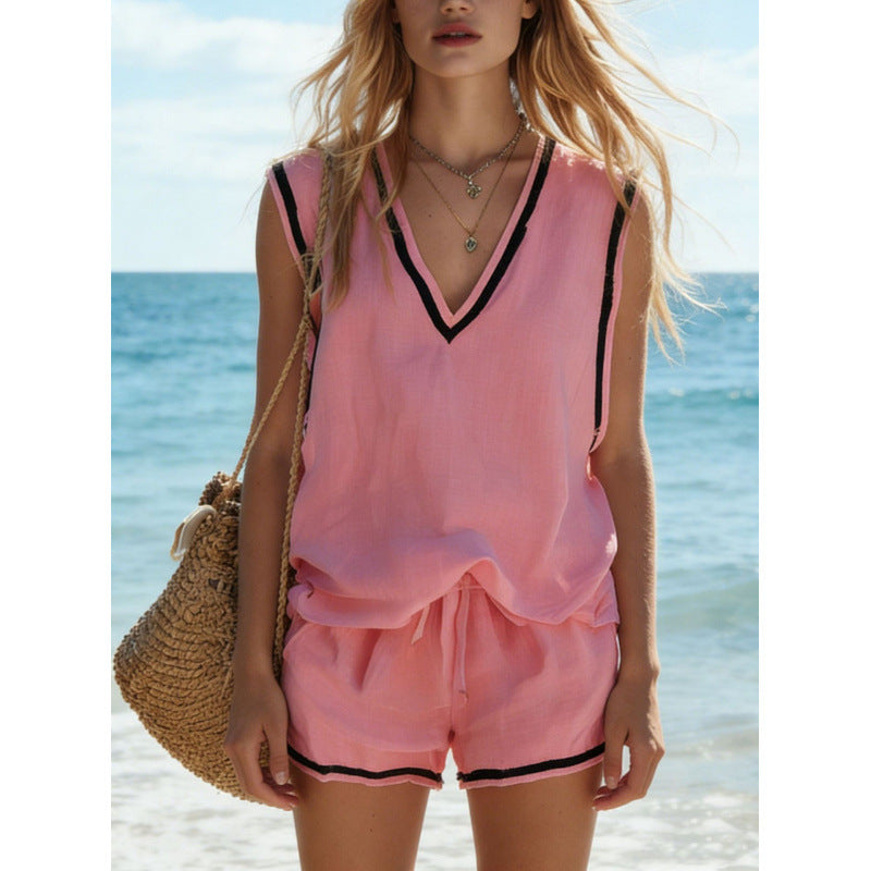 Women's V-Neck Vest & Shorts Two-Piece Set Pink