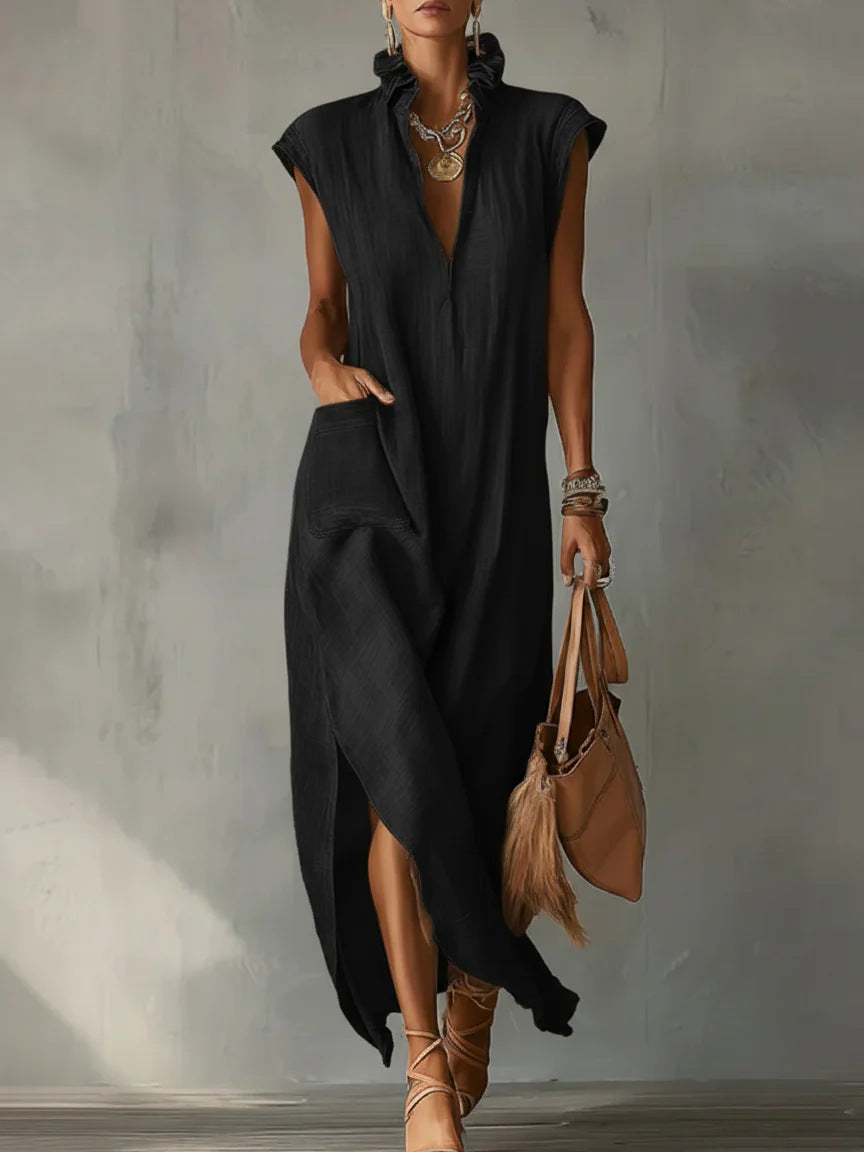 Women’s Cotton-Linen Sleeveless Solid-Color Shirt Dress Black
