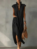Women’s Cotton-Linen Sleeveless Solid-Color Shirt Dress Black