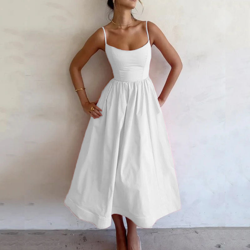 🌸 Women's Solid Color Printing Fresh Sweet Suspender Dress White