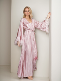 Luxury Feather-Trimmed Satin Robe - Elegant Full-Length Lounge & Bridal Wear Pink