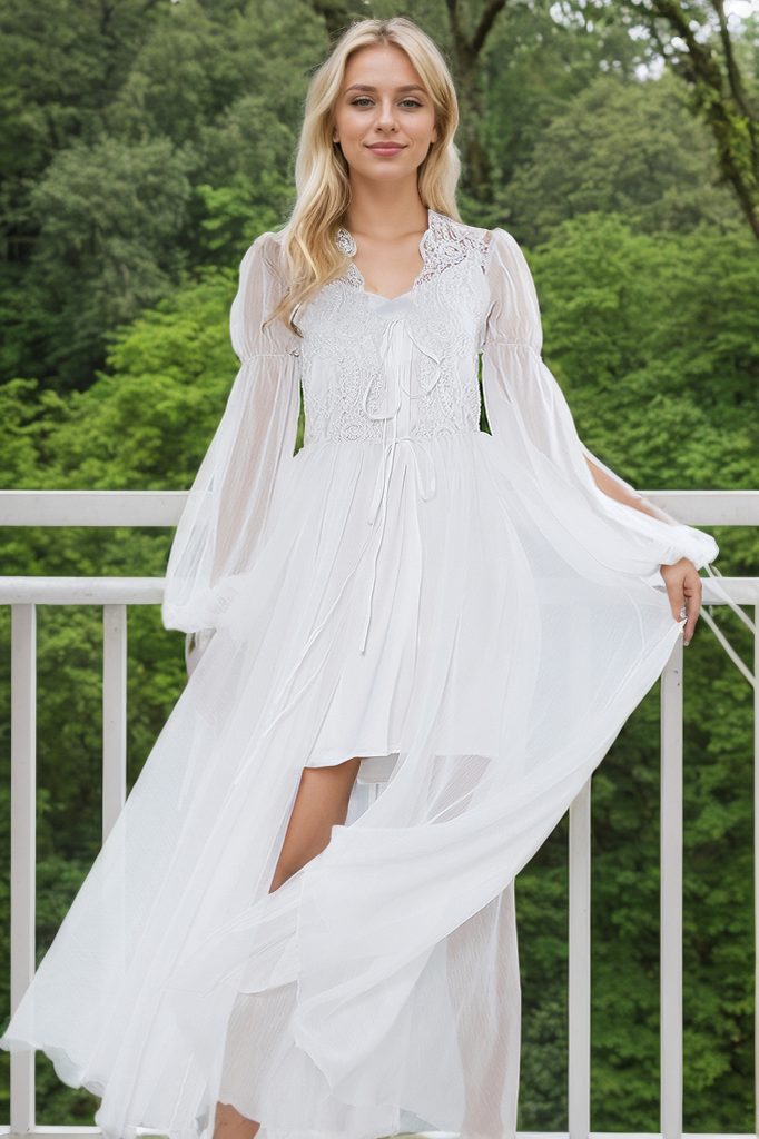 Boho Lace Embroidered Long Sheer Robe Set with Camisole Dress Off-White No Train