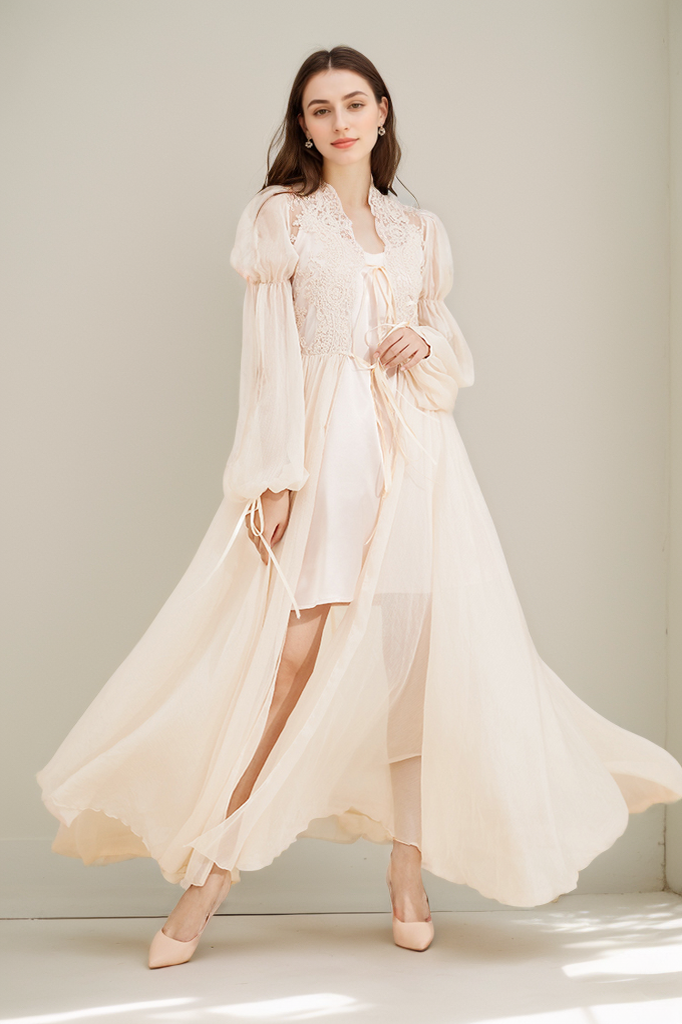 Boho Lace Embroidered Long Sheer Robe Set with Camisole Dress Champagne No Train