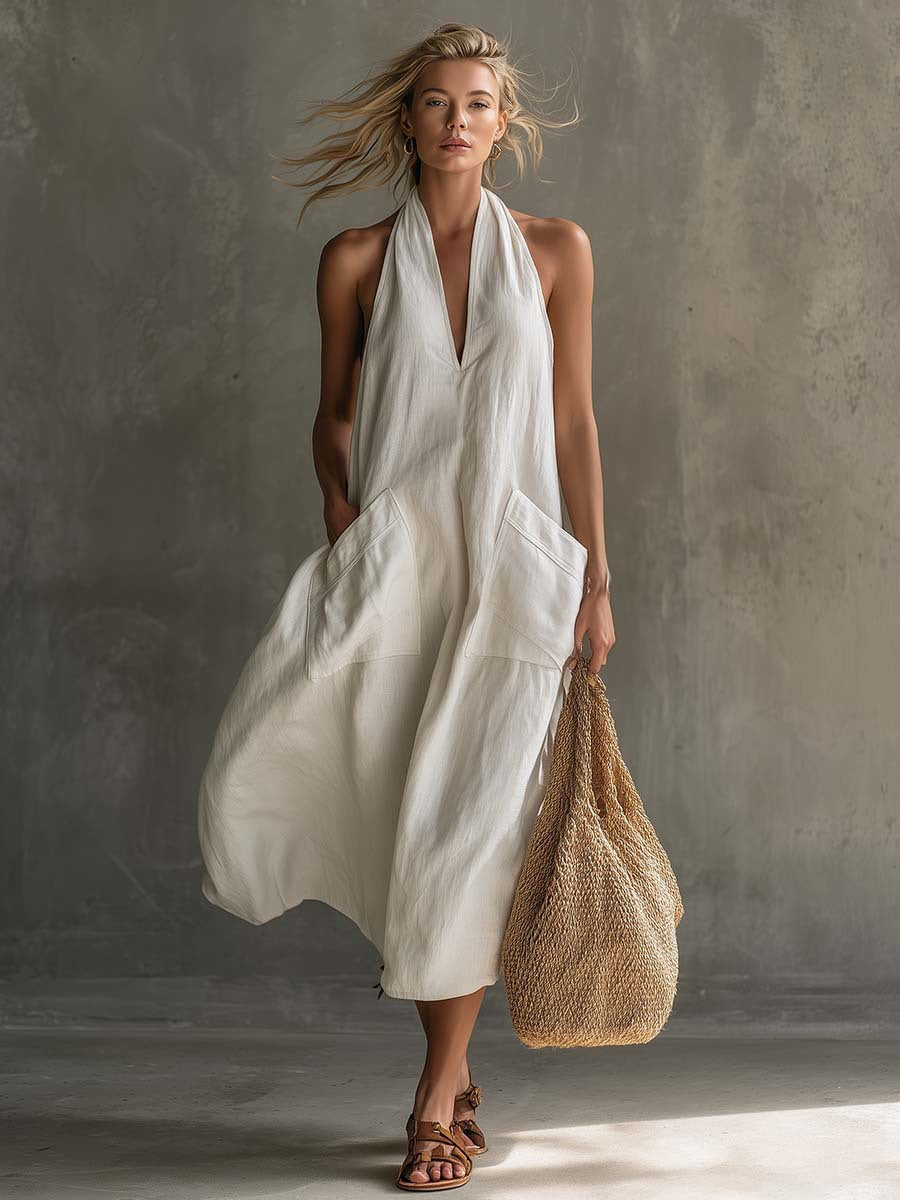 Women's Retro V-Neck Slip Dress – Loose Fit Sleeveless White