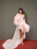 Ostrich Feather sequin mesh long robe dress with nightgown pink ivory-next day shipping Pink