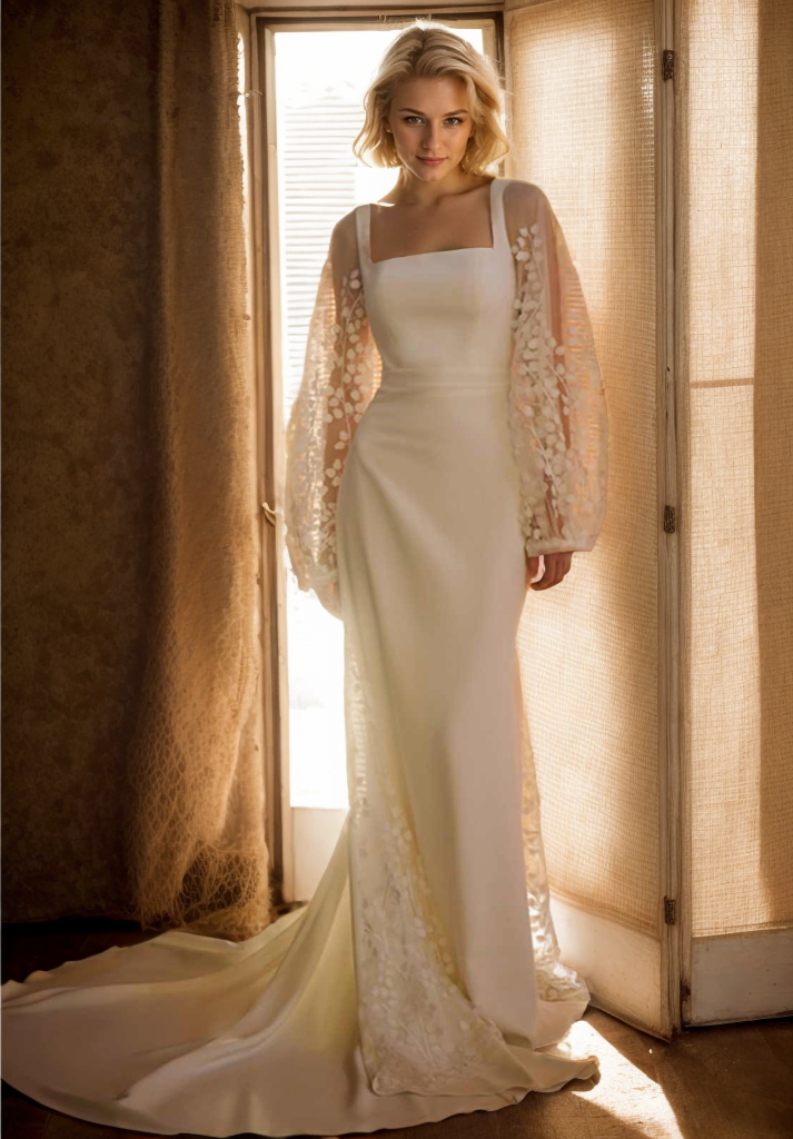 Minimalist Square Neck Wedding Dress with Sheer Embroidered Sleeves – Modern Bridal Elegance Off-white
