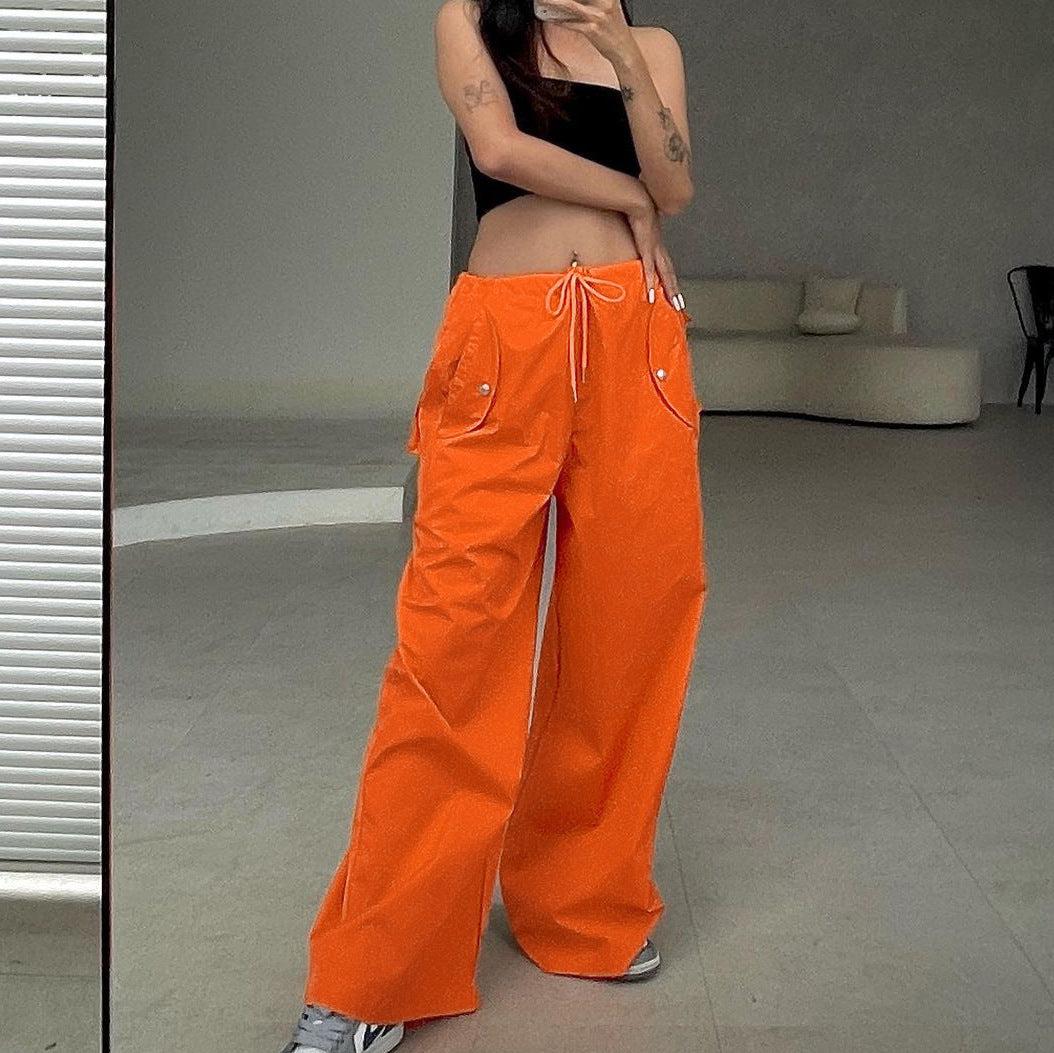 Women's High-Waist Lace-Up Straight-Leg Cargo Pants – Loose Fit Orange