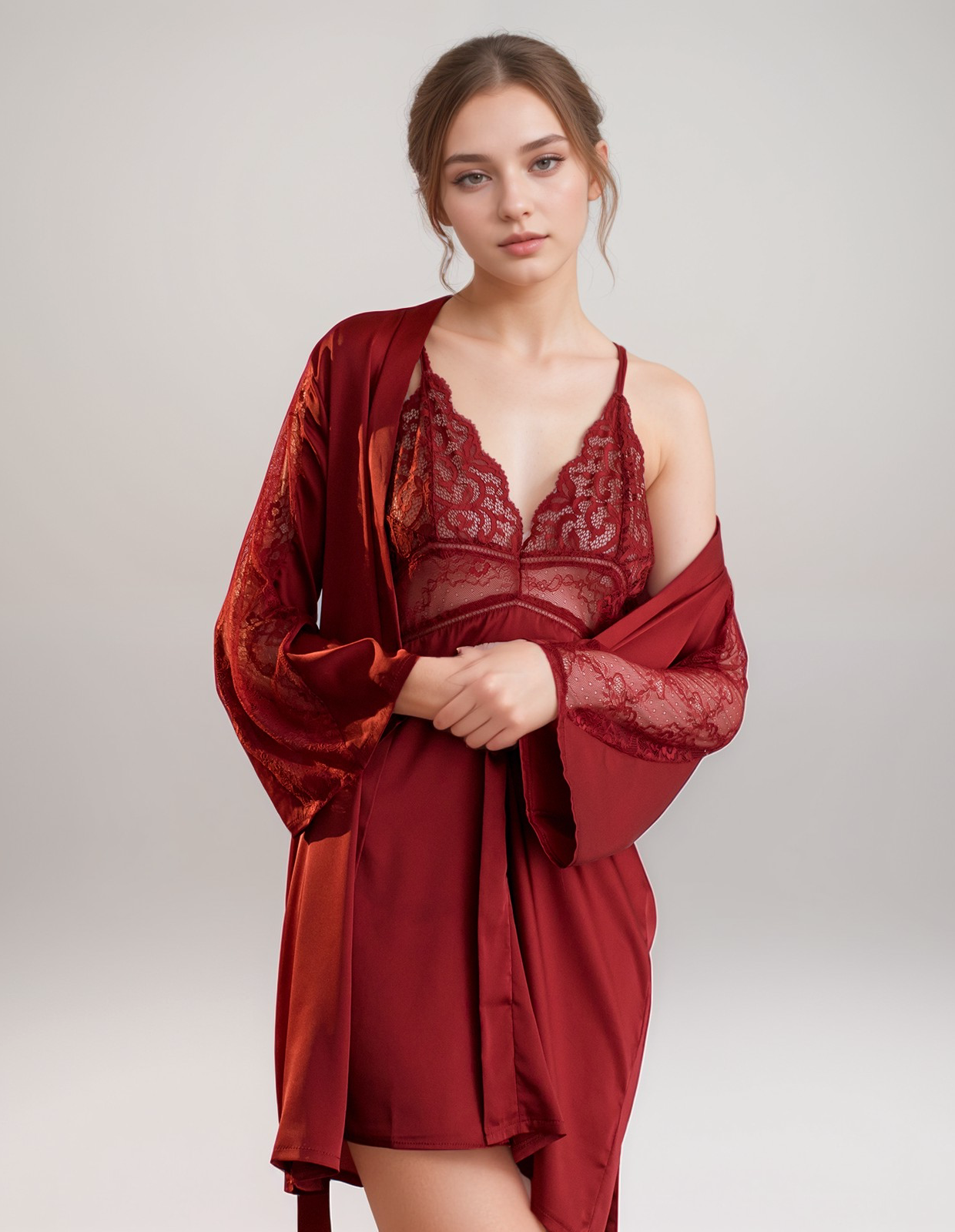 Luxurious Lace Satin Bridal Lingerie Set with Nightgown & Robe - 7 Colors Next Day Shipping Wine