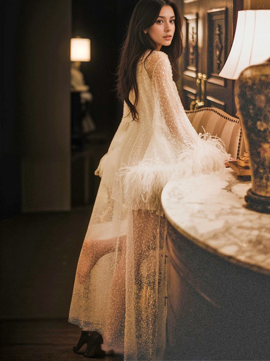 Ostrich Feather sequin mesh long robe dress with nightgown pink ivory-next day shipping Ivory