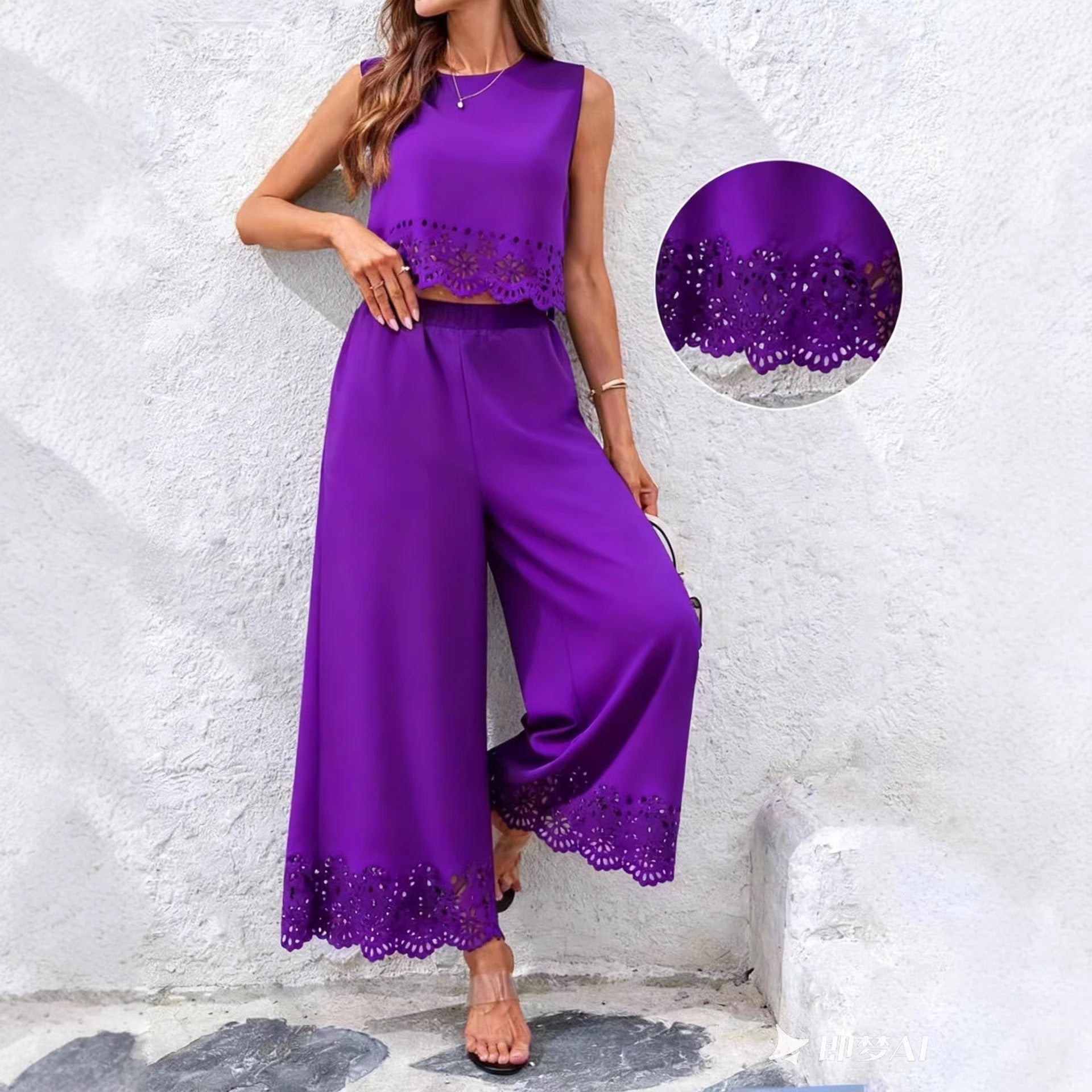 Women's Resort-Style Hollow-Out Tank Top & Pants Set – 2-Piece with Pockets Purple