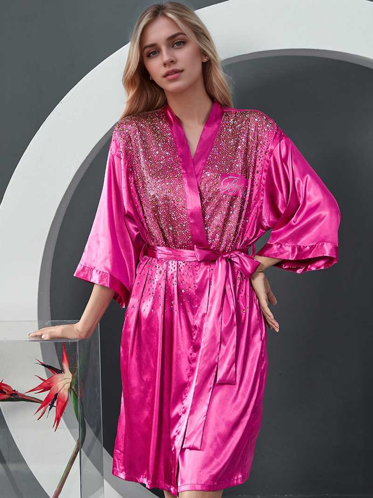 Luxurious Rhinestone Satin Custom Bridal and Bridesmaid Robe – Sparkling Elegance for Weddings Hot Pink
