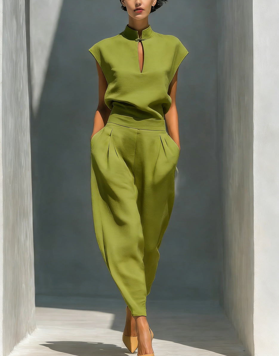 Women's Chinese-Style Satin Short-Sleeve Top & Pants Set Matcha