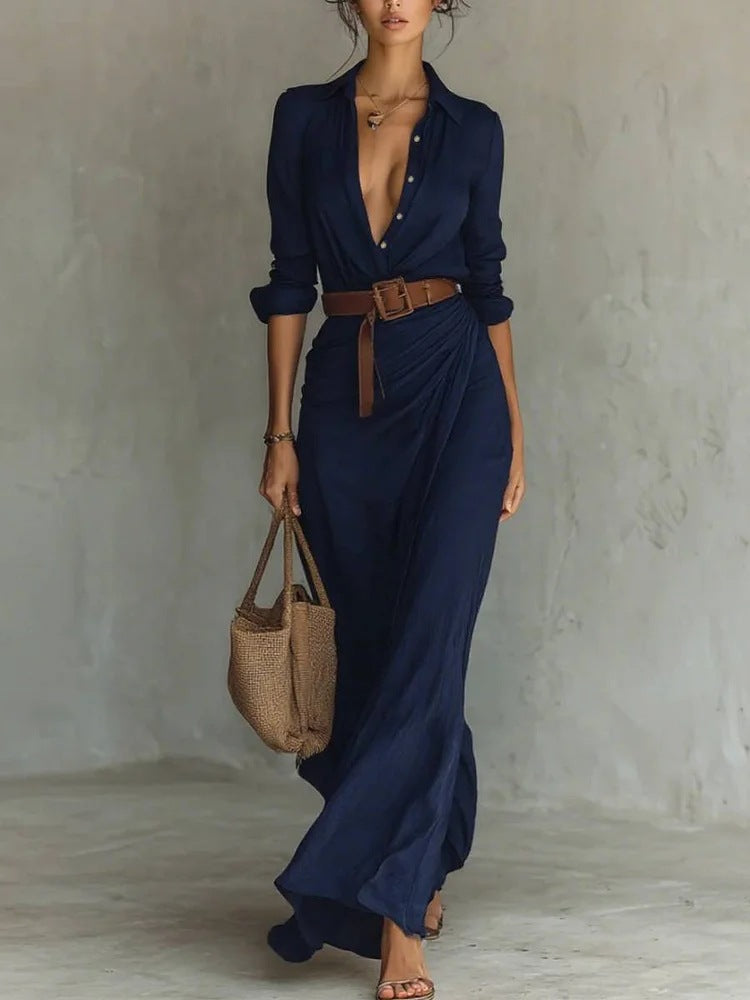 Women's Irregular Pleated Midi Dress – Elegant High-Waist Long Sleeve