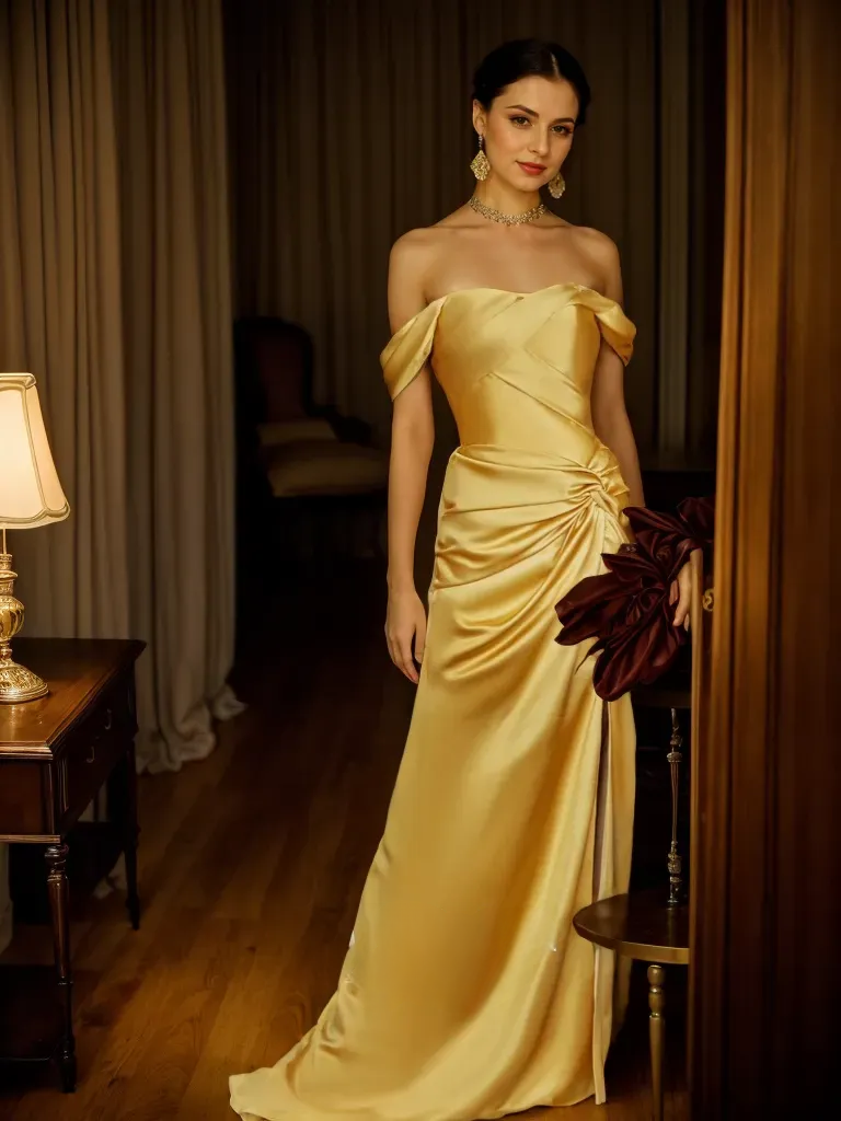 Golden Hour Off-the-Shoulder Satin Ball Gown Evening Dress Gold