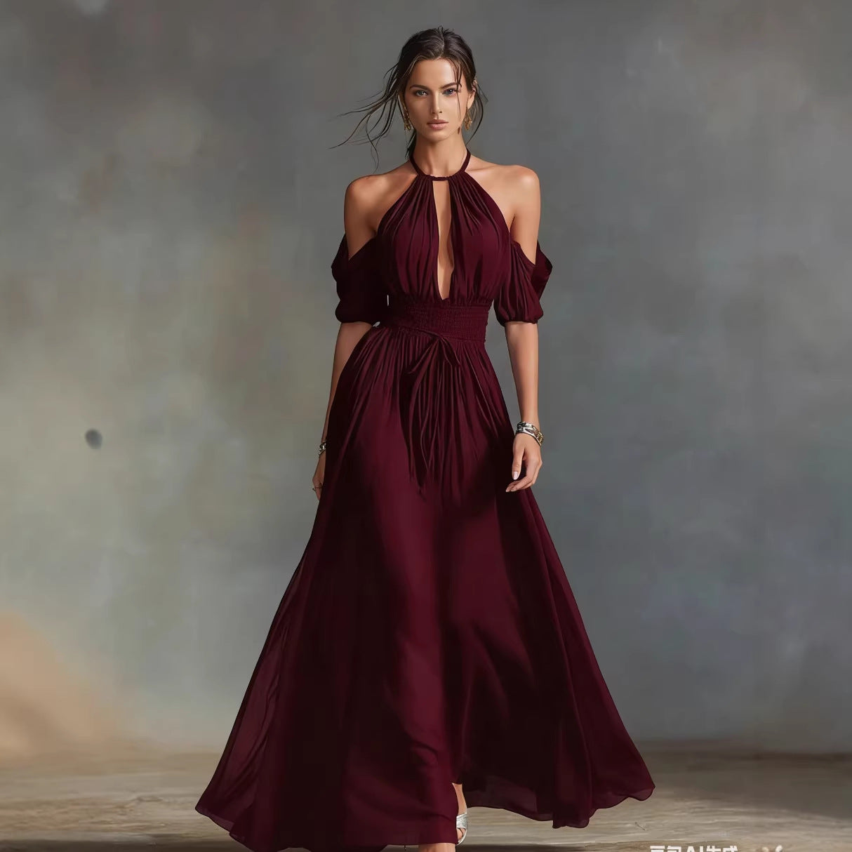 Solid-Color Halter Neck Midi Dress – 4 Colors, S–2XL Dark Red