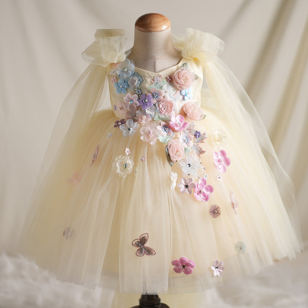 Girls' Applique Dress Children Bow Children's Mesh Sleeveless Premium Tulle Tutu Super Fairy Yellow