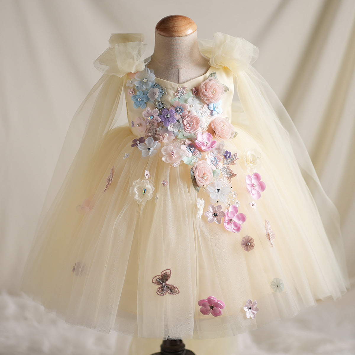Girls' Applique Dress Children Bow Children's Mesh Sleeveless Premium Tulle Tutu Super Fairy Yellow
