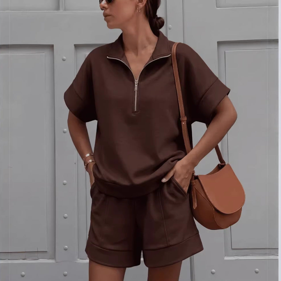 Women's Solid Color Sweatshirt Set – Casual 2-Piece Short Top & Pants Brown