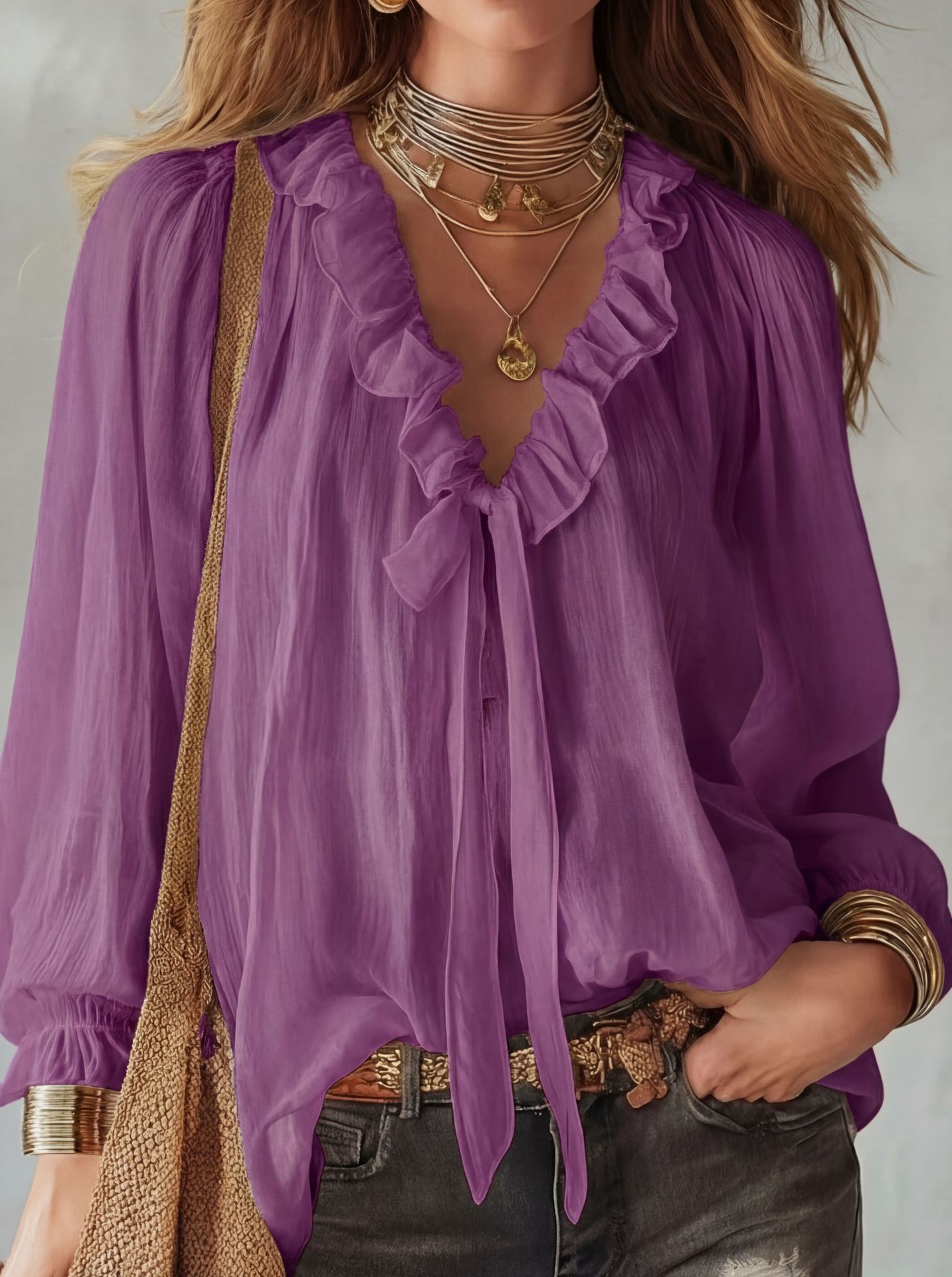 V-Neck Loose-Fit Shirt Top – No-Iron, 8 Colors Purple