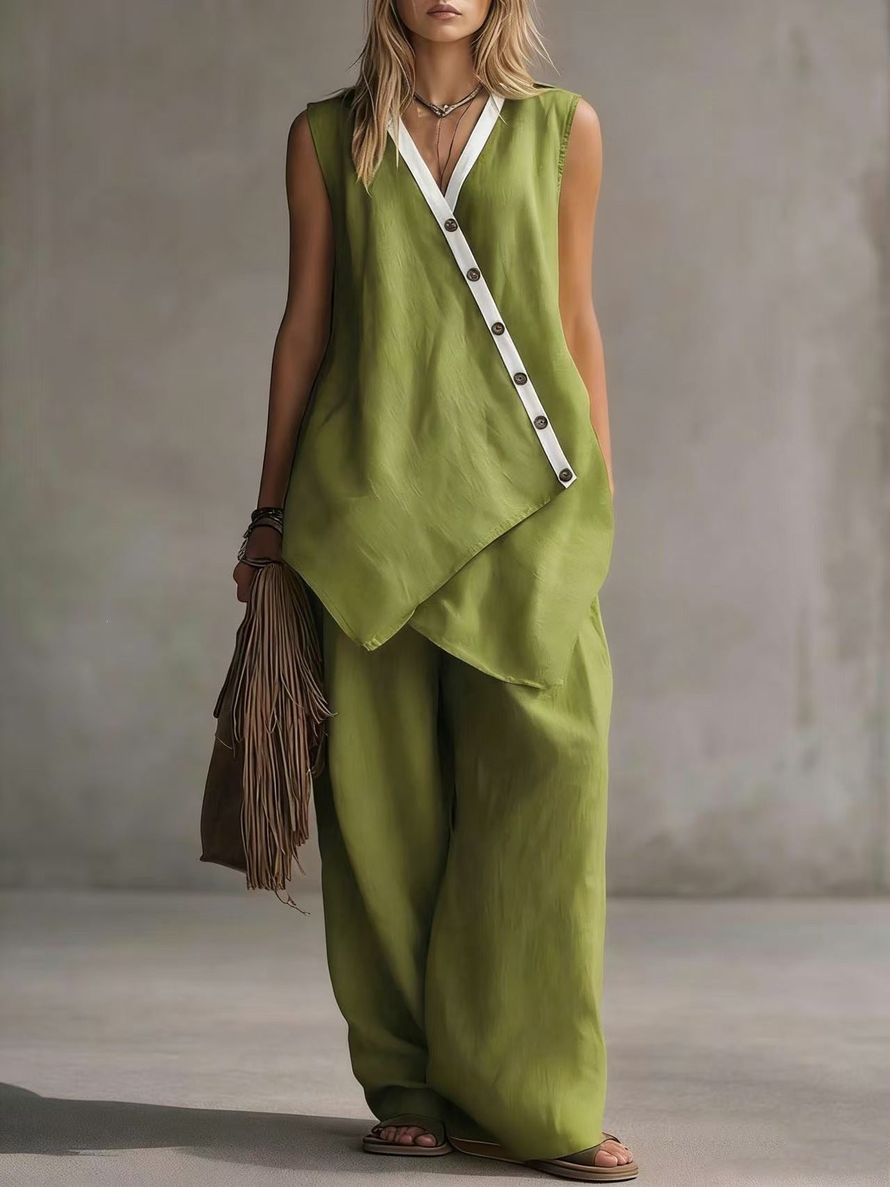 Women's Boho V-Neck Button Vest & Wide-Leg Pants Set Matcha
