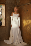 Minimalist Off-Shoulder Satin Wedding Gown with Detachable Sleeves and Elegant Train Off-white