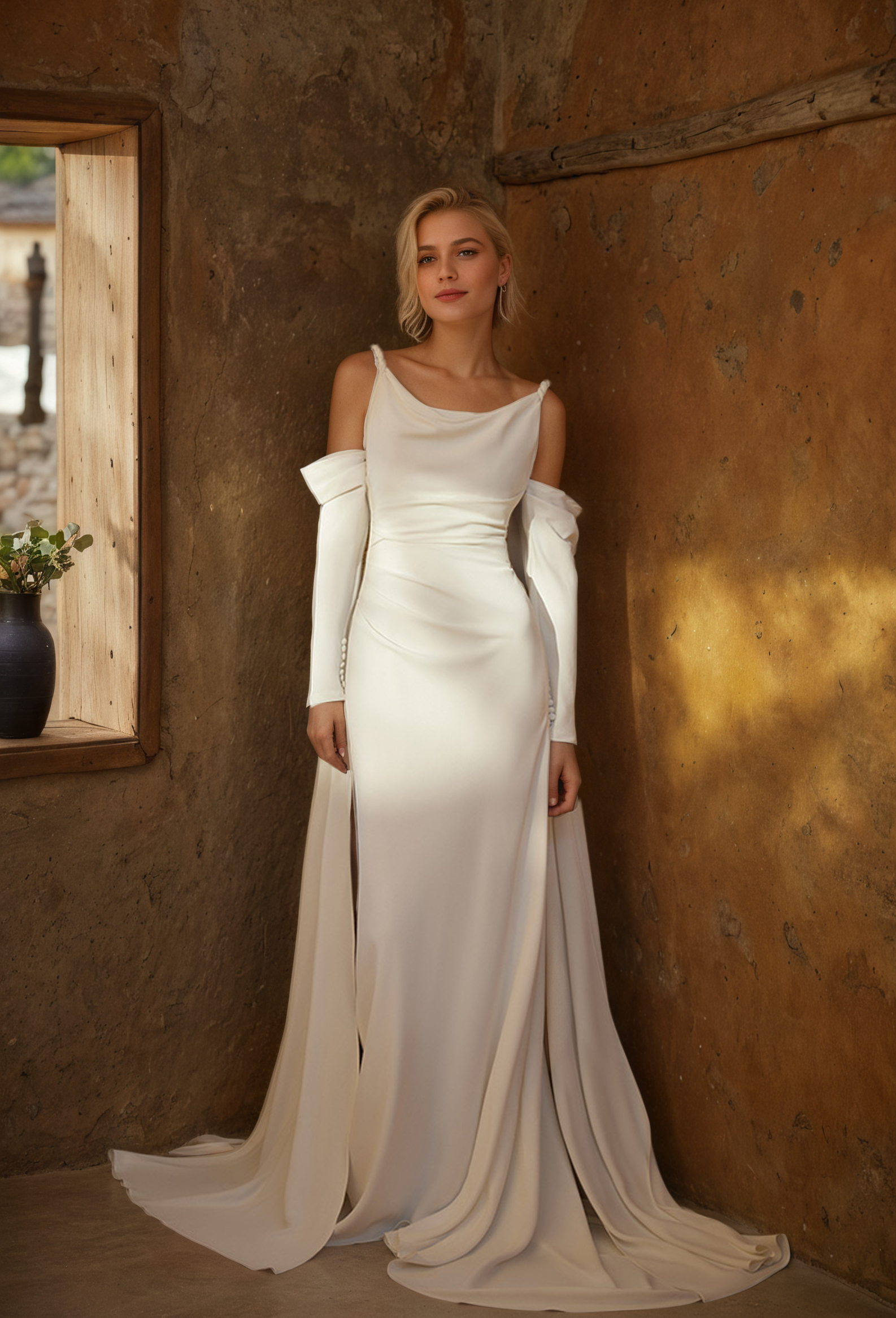 Minimalist Off-Shoulder Satin Wedding Gown with Detachable Sleeves and Elegant Train Off-white