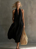 Women's Retro V-Neck Slip Dress – Loose Fit Sleeveless Black