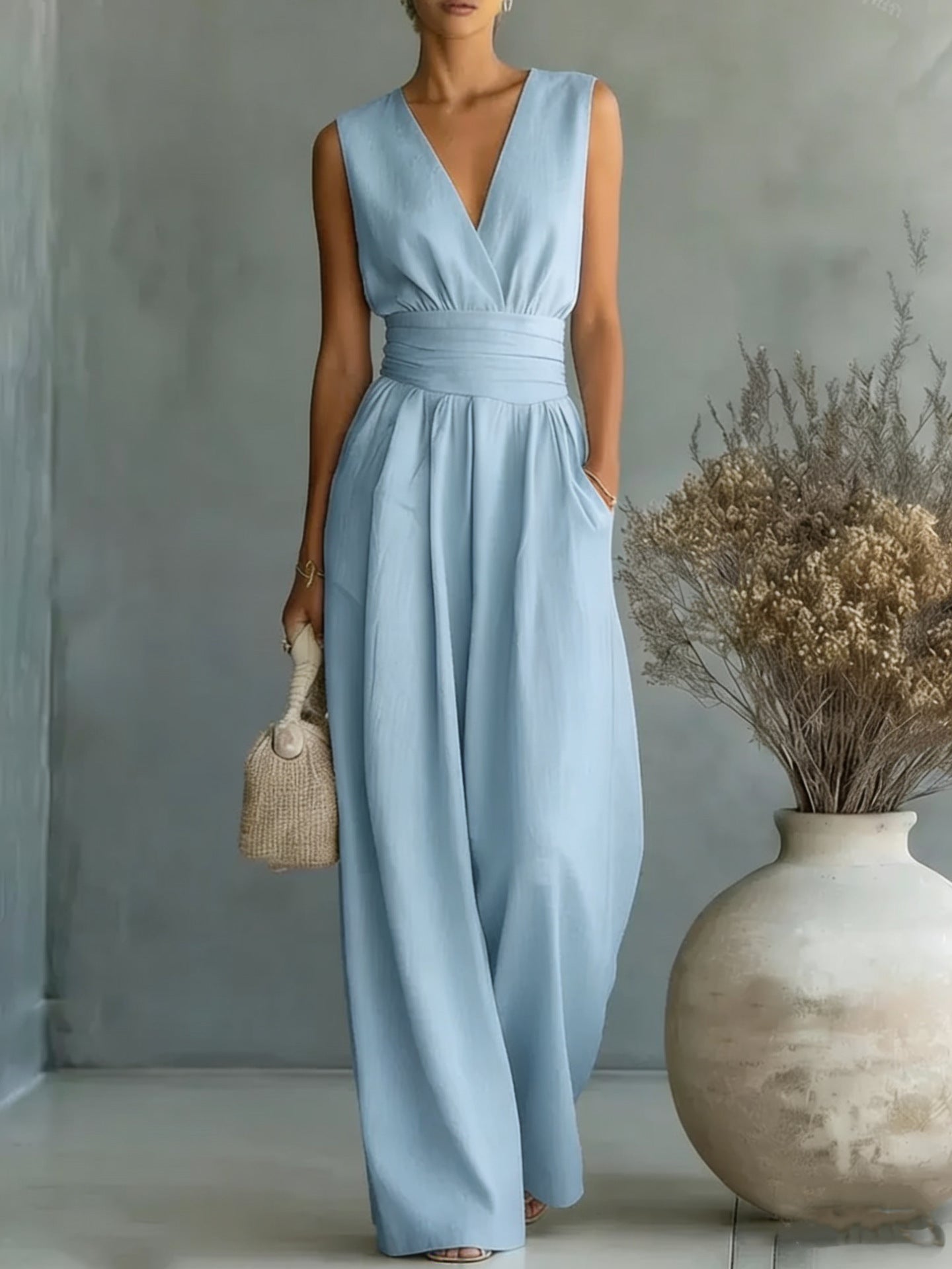 Women's Elegant V-Neck Sleeveless Jumpsuit – Waist-Cinching Straight Leg Sky Blue