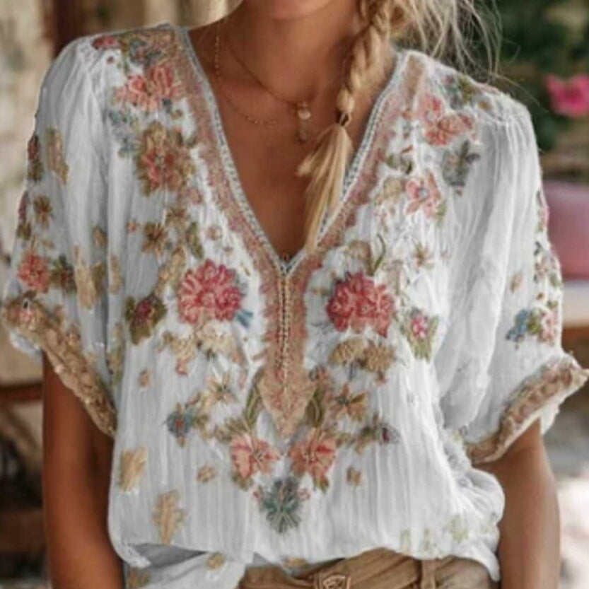 Women's Artistic Retro V-Neck Short-Sleeve Top – 3D Print SJW021