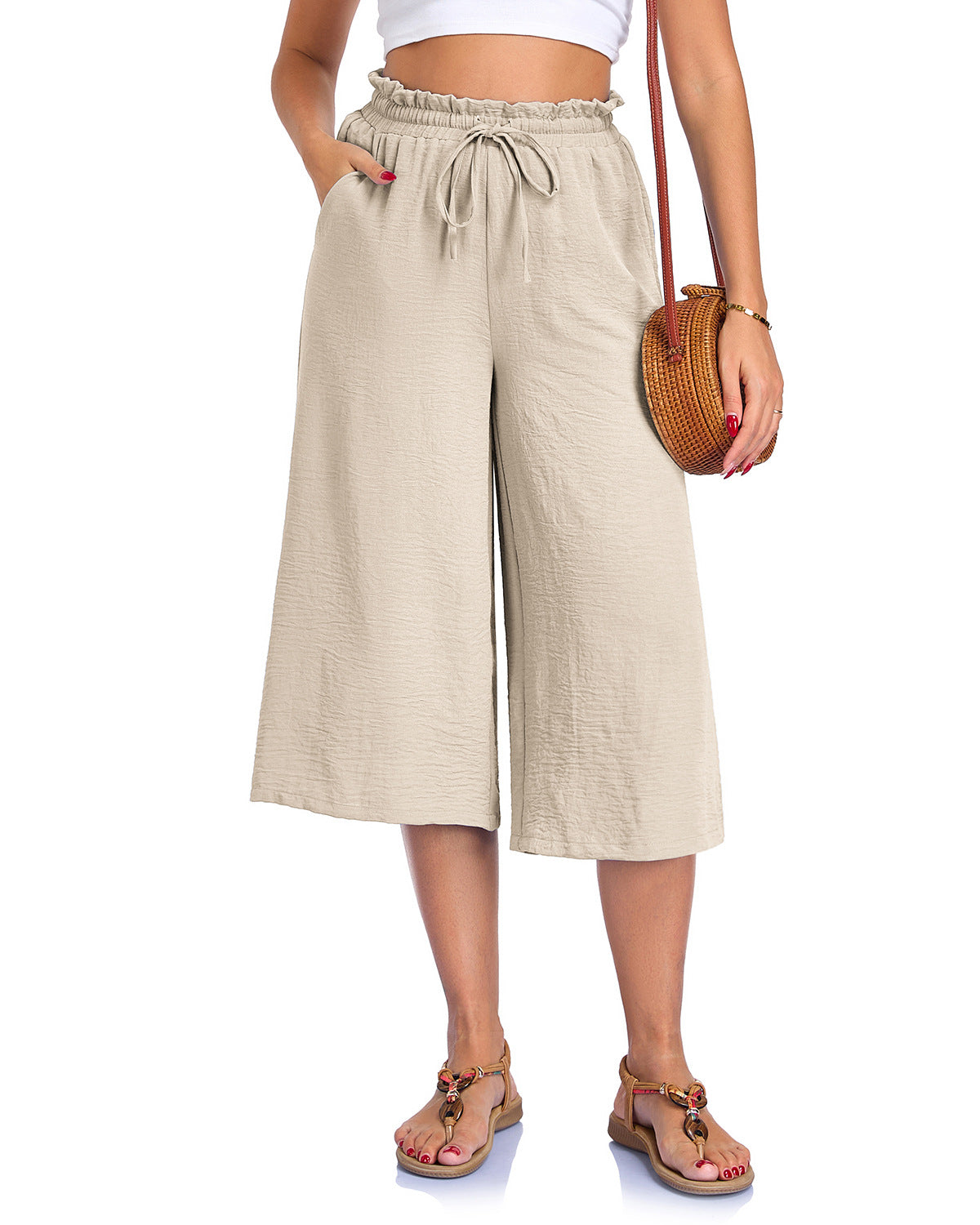 Women’s Elastic Cropped Wide-Leg Pants Beige