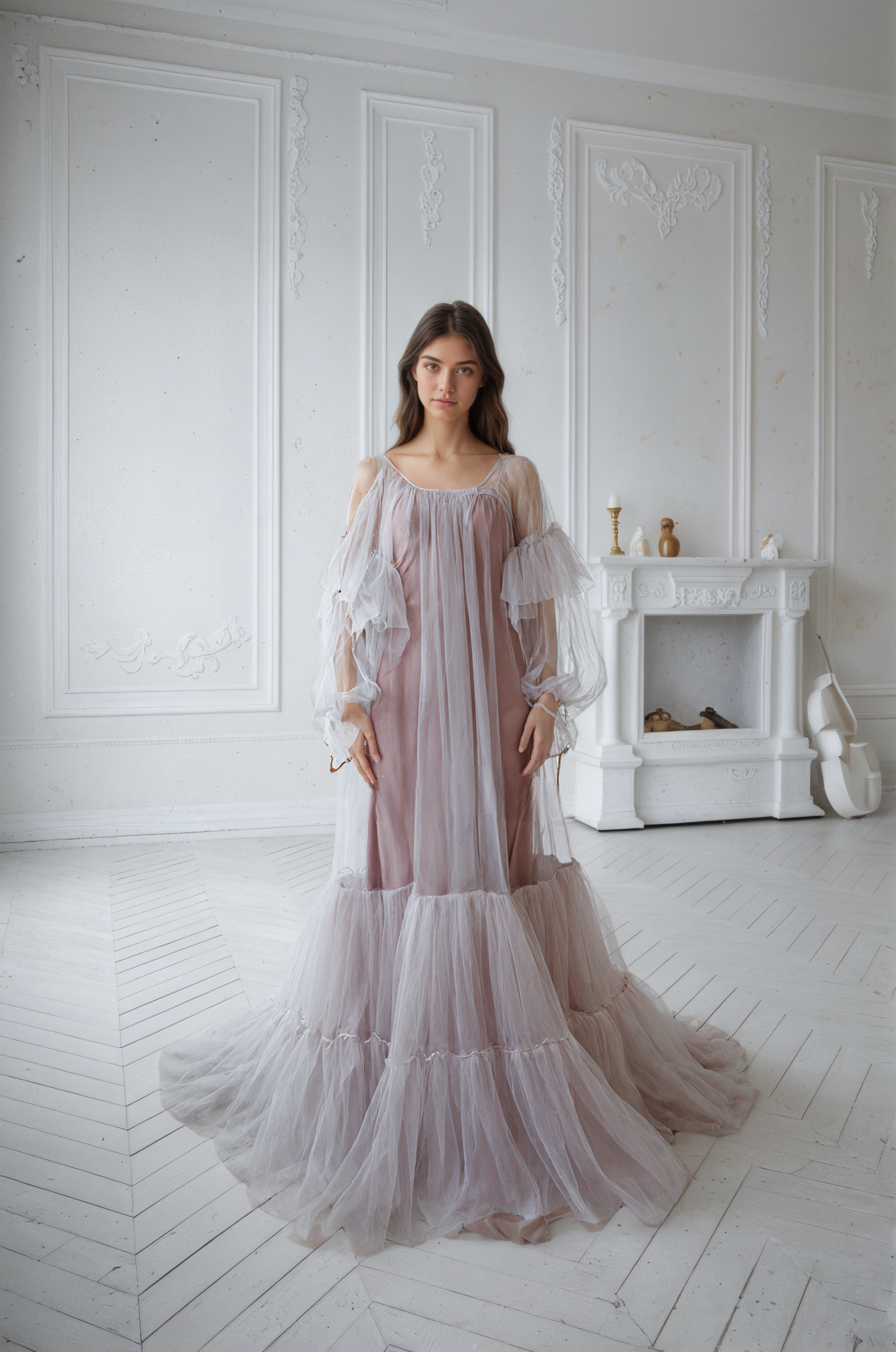 Luxury 3 colors Layered Tulle Sheer Robe Dress | Couture Ruffle Boudoir Robe Set Smokey purple