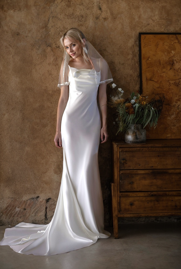 Romantic Draped Cowl Neck Satin Wedding Dress with Low Back and Train Off-white
