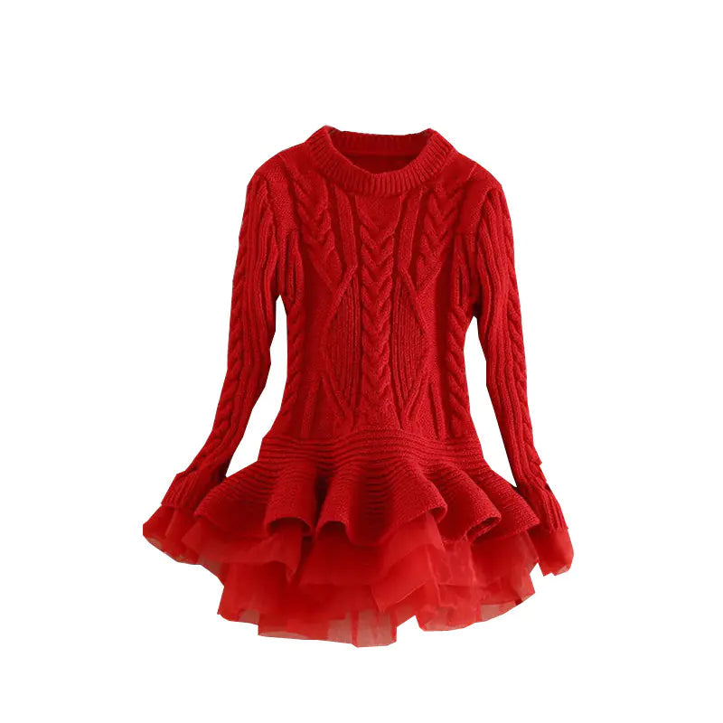 Girls' Sweater Dress Long Sleeve Red 110cm