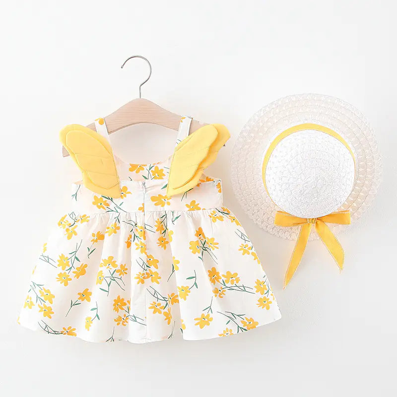 Summer Big Dot Wings Princess Dress with Hat Small Flower Yellow 100