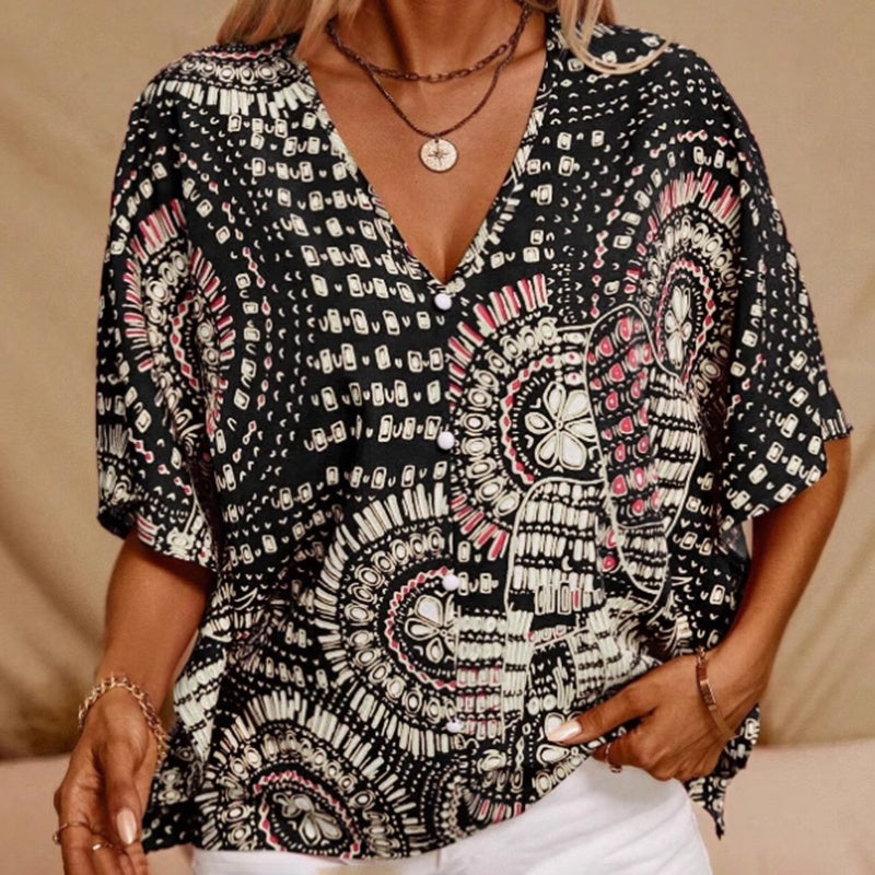 Mandala Print V-Neck Blouse – Casual Vacation Top Black