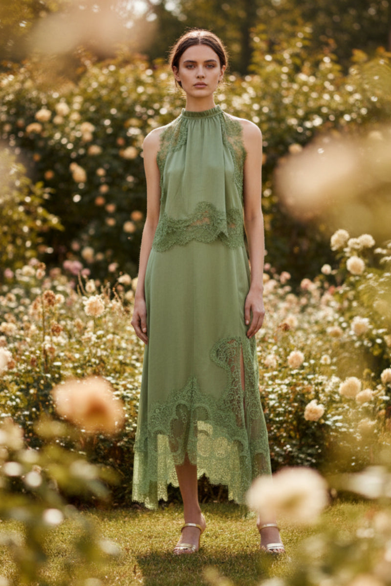 V-Neck Ruffle Waist Tank Top & Skirt Set – Elegant Hollow-Out Two-Piece Green