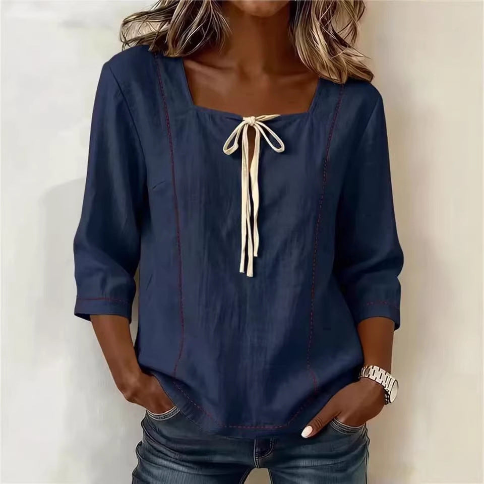 Printed Lace-Up Square-Neck Shirt – Three-Quarter Sleeve, Ramie Navy Blue