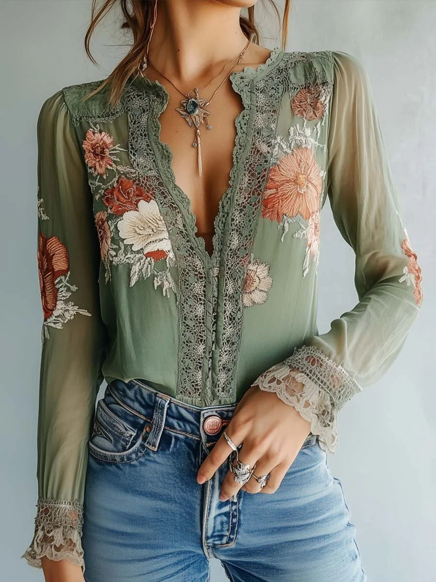 Women’s V-Neck Floral Print Blouse Green