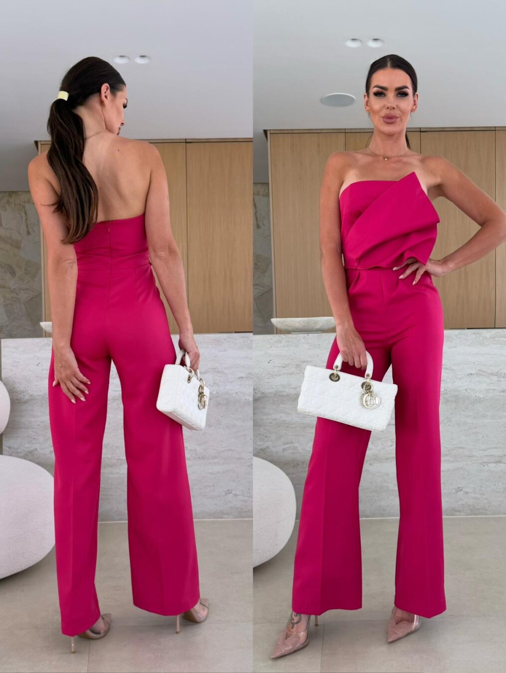 Candy-Colored Bodycon Halterneck Backless High-Waist Wide-Leg Jumpsuit Rose Red