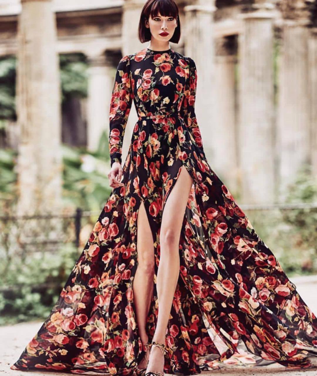 Women Clothing Print Large Swing Dress Slit Fashionable Maxi Dress Beach Dress Big Red Flower