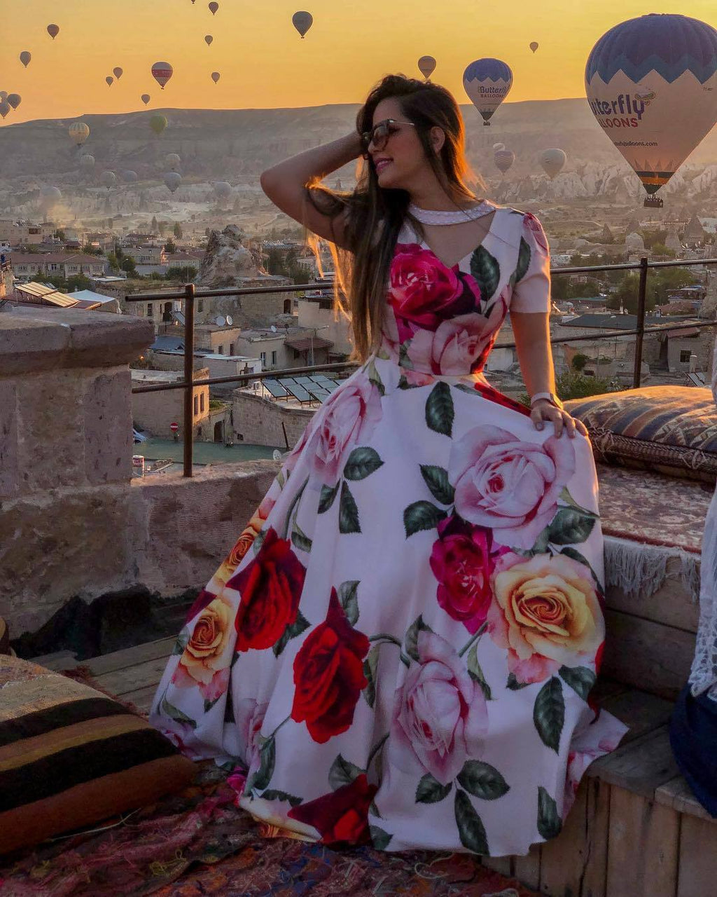 Spring Rose 3D Printing Large Swing Bead Stitching Short Sleeve Dress Printing