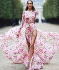 Women Clothing Print Large Swing Dress Slit Fashionable Maxi Dress Beach Dress Pink Flower